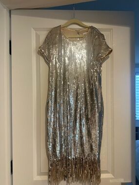 Silver Sequin Fringe Shift Dress